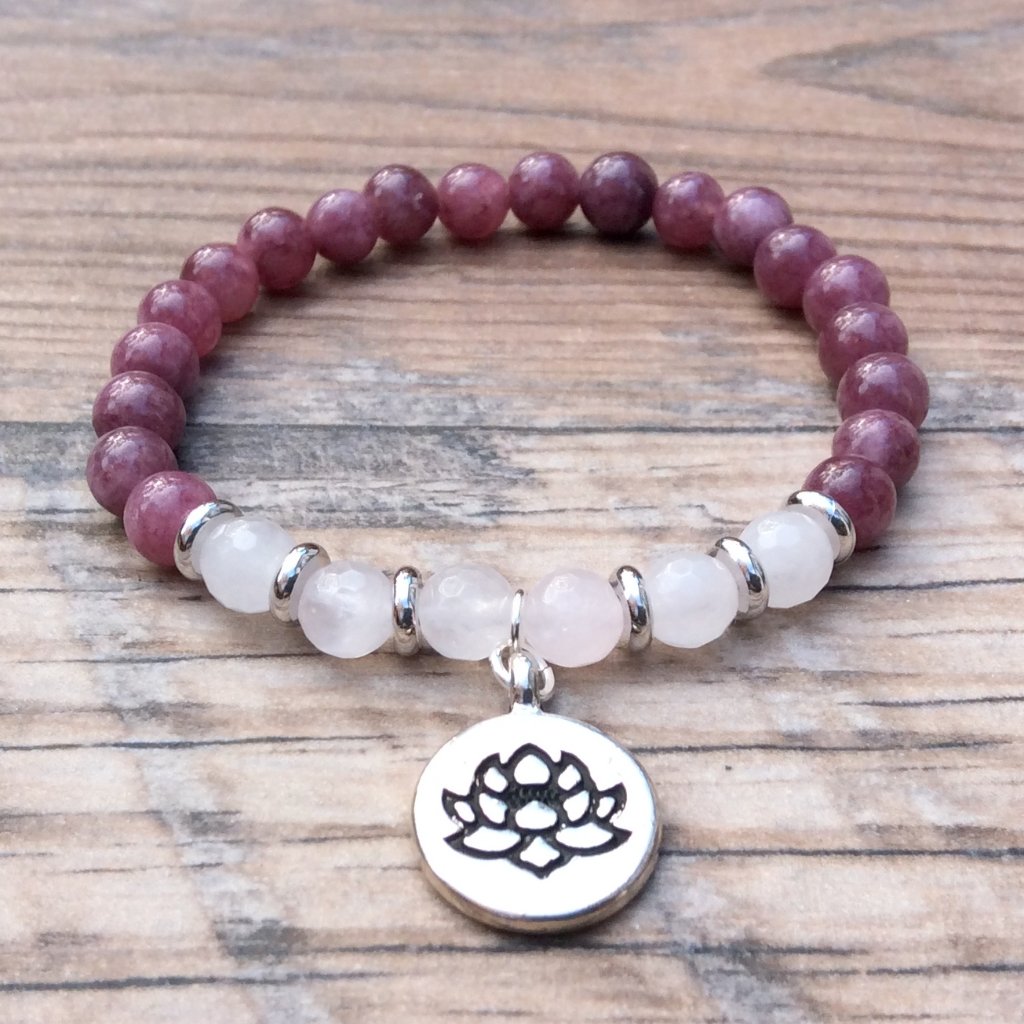 Lepidolite & Rose Quartz Bracelet With Lotus Charm, Crystal Healing